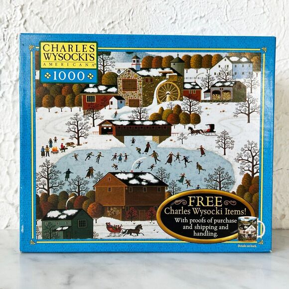 Charles Wysocki Chestnut Valley Winter Ice Skaters 1000 Piece Puzzle - Complete - Picture 1 of 7
